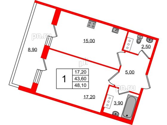 Квартира в ЖК Lotos Club, 1 комнатная, 48.1 м², 8 этаж