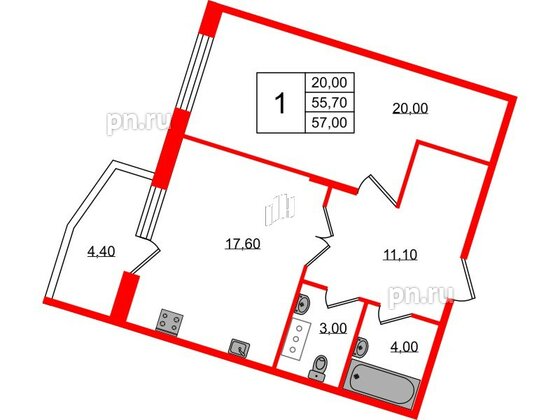 Квартира в ЖК Lotos Club, 1 комнатная, 57 м², 7 этаж