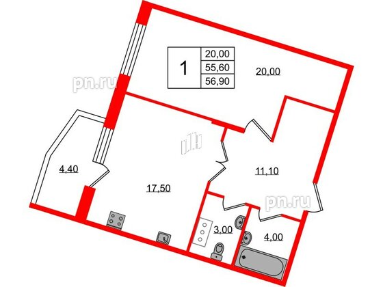 Квартира в ЖК Lotos Club, 1 комнатная, 56.9 м², 4 этаж