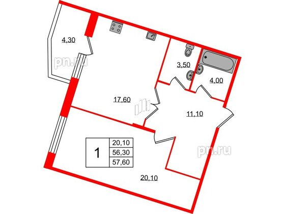 Квартира в ЖК Lotos Club, 1 комнатная, 57.6 м², 2 этаж