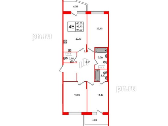 Квартира в ЖК Lotos Club, 3 комнатная, 97.9 м², 5 этаж