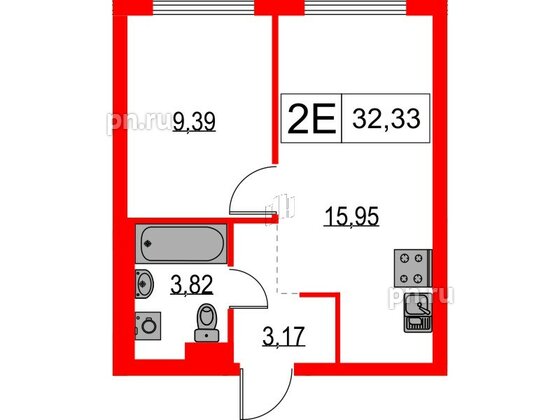 Квартира в ЖК Таллинский парк, 1 комнатная, 32.33 м², 11 этаж