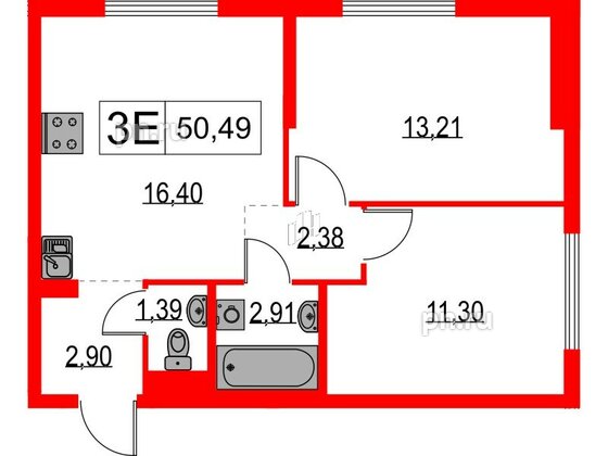 Квартира в ЖК Таллинский парк, 2 комнатная, 50.49 м², 9 этаж