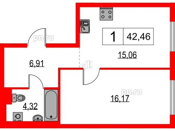 Квартира в ЖК Таллинский парк, 1 комнатная, 42.46 м², 6 этаж