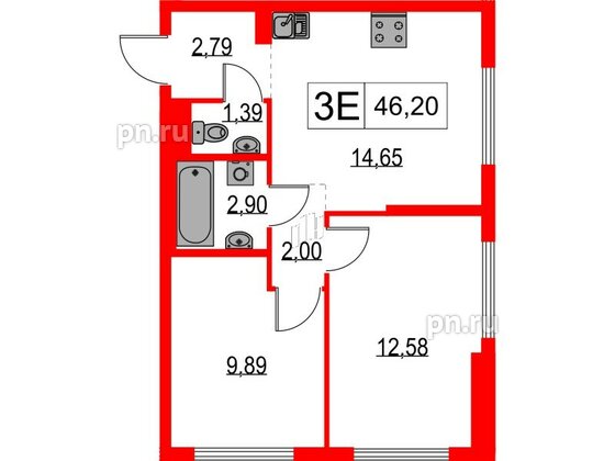 Квартира в ЖК Таллинский парк, 2 комнатная, 46.2 м², 8 этаж