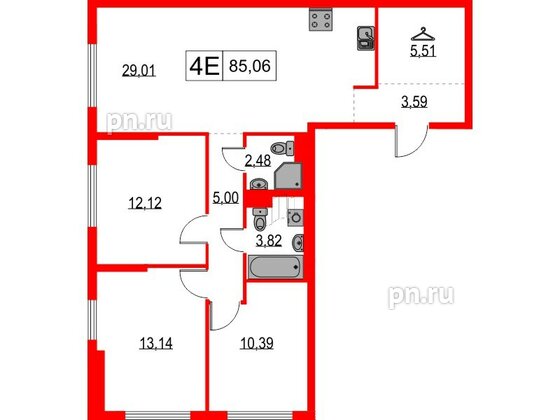 Квартира в ЖК Таллинский парк, 3 комнатная, 85.06 м², 8 этаж