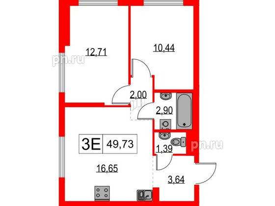 Квартира в ЖК Таллинский парк, 2 комнатная, 49.73 м², 5 этаж