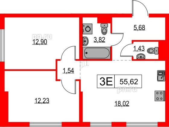 Квартира в ЖК Таллинский парк, 2 комнатная, 55.62 м², 3 этаж