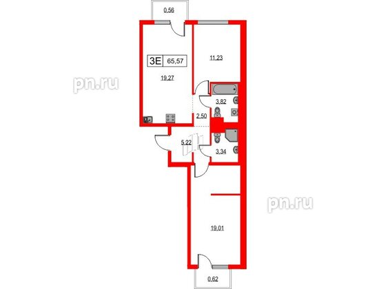 Квартира в ЖК Таллинский парк, 2 комнатная, 65.57 м², 2 этаж