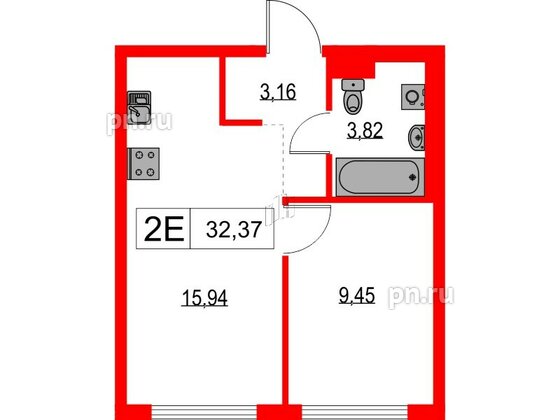 Квартира в ЖК Таллинский парк, 1 комнатная, 32.37 м², 8 этаж