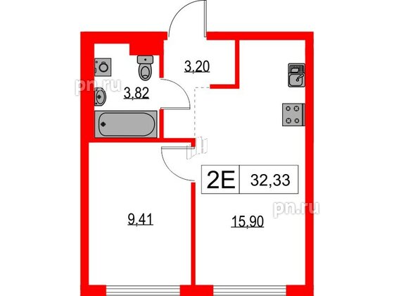 Квартира в ЖК Таллинский парк, 1 комнатная, 32.33 м², 5 этаж