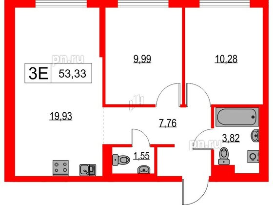 Квартира в ЖК Таллинский парк, 2 комнатная, 53.33 м², 11 этаж