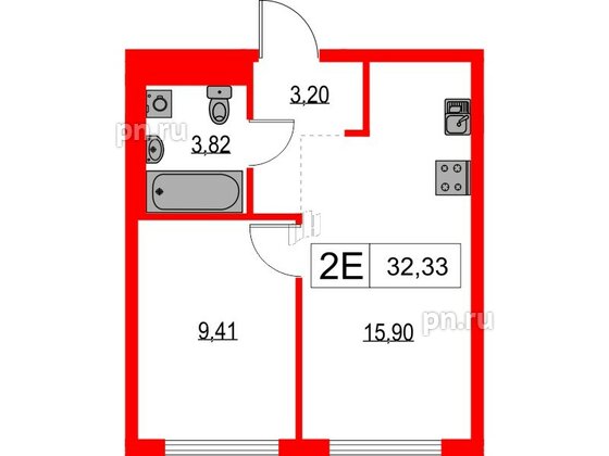 Квартира в ЖК Таллинский парк, 1 комнатная, 32.33 м², 7 этаж