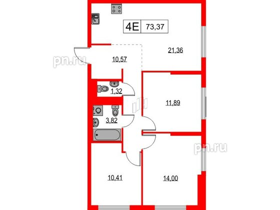 Квартира в ЖК Таллинский парк, 3 комнатная, 73.37 м², 9 этаж