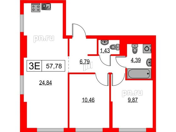 Квартира в ЖК Таллинский парк, 2 комнатная, 57.78 м², 4 этаж