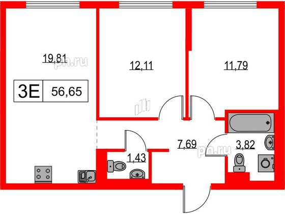 Квартира в ЖК Таллинский парк, 2 комнатная, 56.65 м², 10 этаж