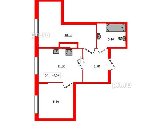 Апартаменты в ЖК PROMENADE, 2 комнатные, 46.8 м², 2 этаж