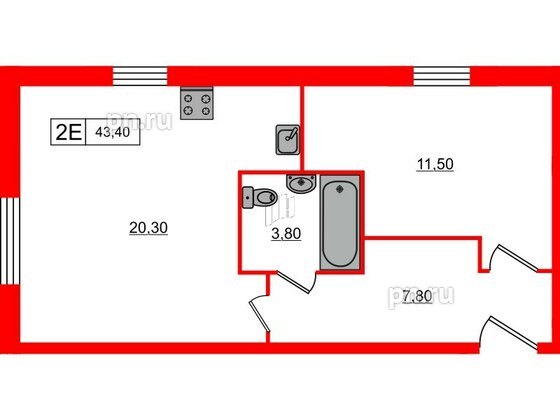 Апартаменты в ЖК PROMENADE, 1 комнатные, 43.4 м², 2 этаж