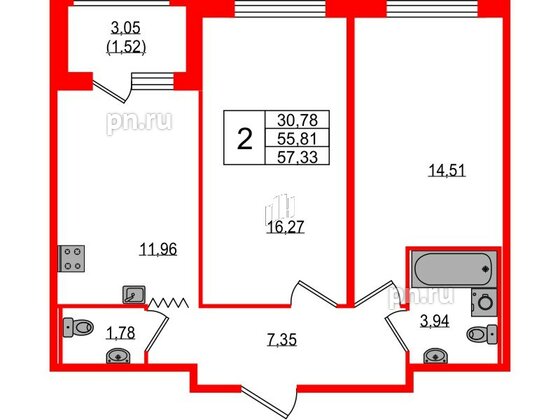 Квартира в ЖК UP-квартал Воронцовский, 2 комнатная, 57.33 м², 3 этаж