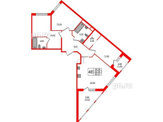 Квартира в ЖК UP-квартал Воронцовский, 3 комнатная, 90.37 м², 2 этаж