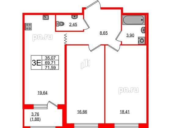 Квартира в ЖК UP-квартал Воронцовский, 2 комнатная, 71.59 м², 2 этаж