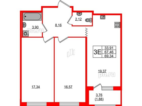 Квартира в ЖК UP-квартал Воронцовский, 2 комнатная, 69.34 м², 3 этаж