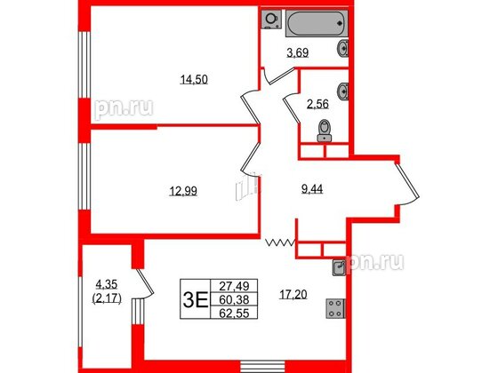 Квартира в ЖК UP-квартал Воронцовский, 2 комнатная, 62.55 м², 3 этаж