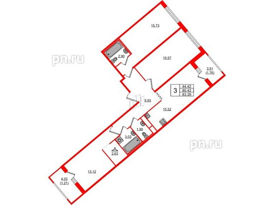 Квартира в ЖК UP-квартал Воронцовский, 3 комнатная, 83.39 м², 3 этаж