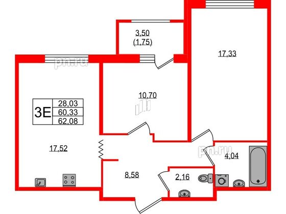 Квартира в ЖК UP-квартал Воронцовский, 2 комнатная, 62.08 м², 1 этаж