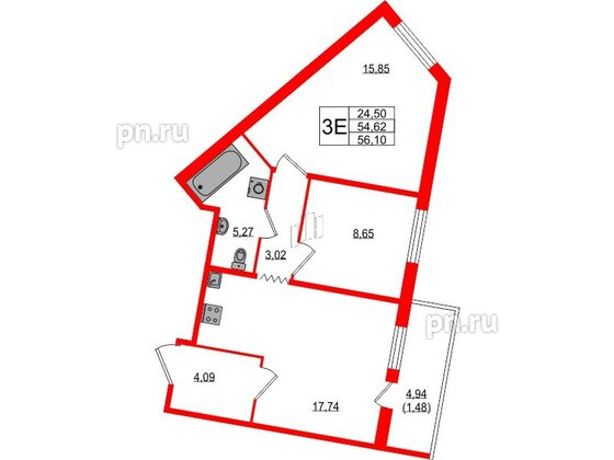 Квартира в ЖК UP-квартал Воронцовский, 2 комнатная, 56.1 м², 1 этаж