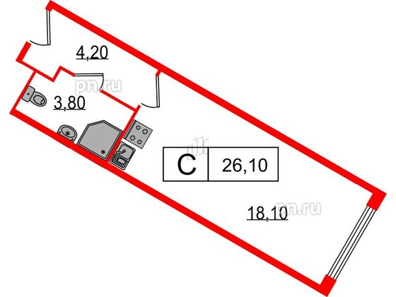 Апартаменты в ЖК Начало Апарт отель у воды, студия, 26.1 м², 13 этаж