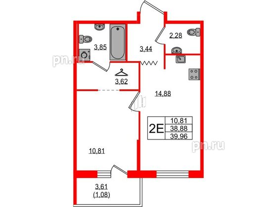 Квартира в ЖК UP-квартал Воронцовский, 1 комнатная, 39.96 м², 2 этаж