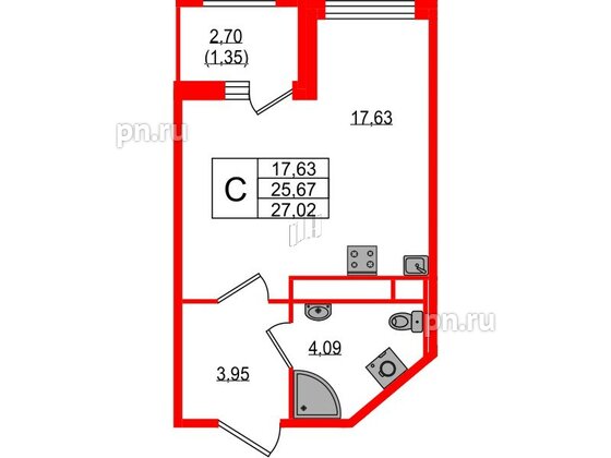 Квартира в ЖК UP-квартал Воронцовский, студия, 27.02 м², 1 этаж