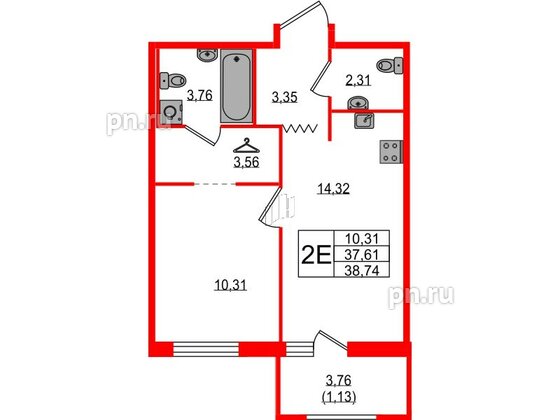 Квартира в ЖК UP-квартал Воронцовский, 1 комнатная, 38.74 м², 2 этаж