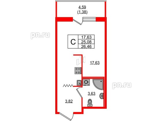 Квартира в ЖК Квартал «Воронцовский», студия, 26.46 м², 12 этаж