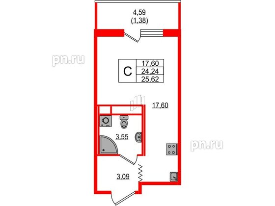 Квартира в ЖК UP-квартал Воронцовский, студия, 25.62 м², 1 этаж