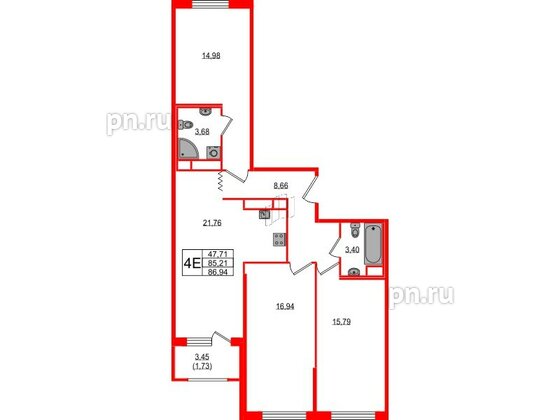 Квартира в ЖК UP-квартал Воронцовский, 3 комнатная, 86.94 м², 2 этаж