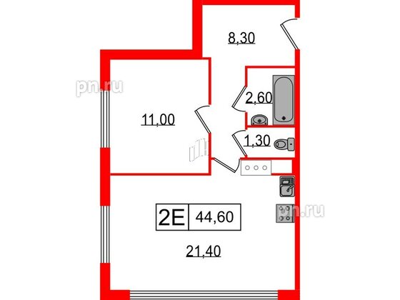 Апартаменты в ЖК Апарт-отель «Начало», 1 комнатные, 44.6 м², 13 этаж