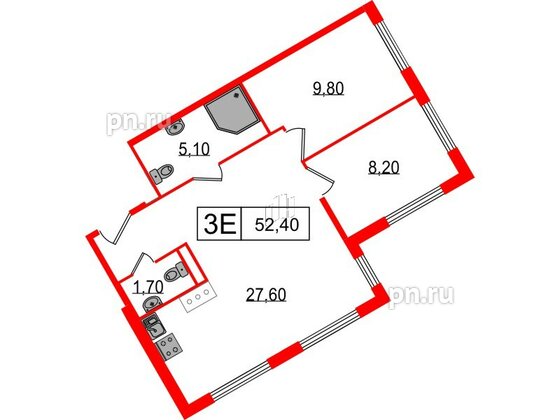 Апартаменты в ЖК Апарт-отель «Начало», 2 комнатные, 52.4 м², 11 этаж