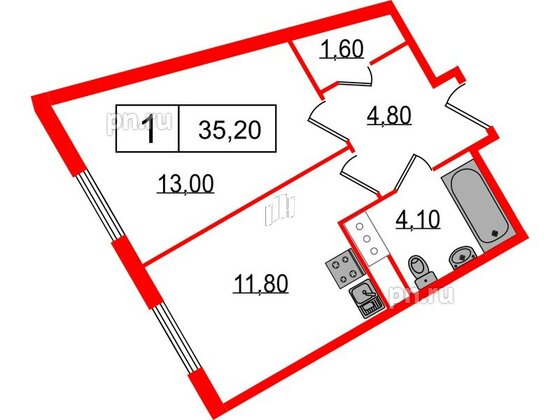 Апартаменты в ЖК Начало Апарт отель у воды, 1 комнатные, 35.2 м², 12 этаж