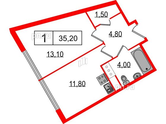 Апартаменты в ЖК Начало Апарт отель у воды, 1 комнатные, 35.2 м², 13 этаж