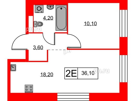 Квартира в ЖК Аэронавт, 1 комнатная, 36.1 м², 8 этаж