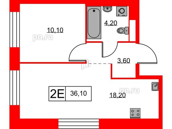 Квартира в ЖК Аэронавт, 1 комнатная, 36.1 м², 2 этаж