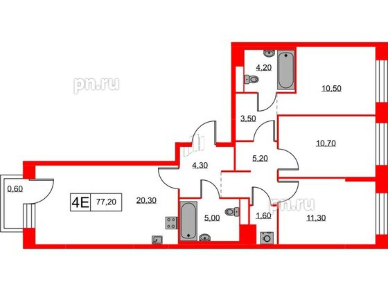 Квартира в ЖК Аэронавт, 3 комнатная, 77.2 м², 2 этаж