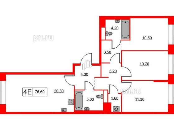 Квартира в ЖК Аэронавт, 3 комнатная, 76.6 м², 12 этаж