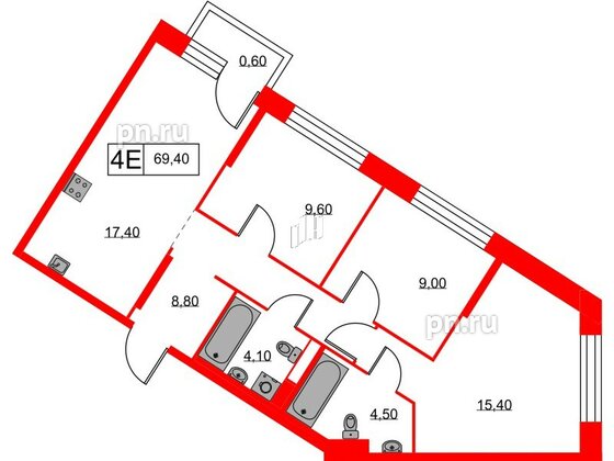 Квартира в ЖК Аэронавт, 3 комнатная, 69.4 м², 2 этаж