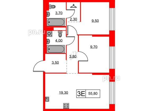 Квартира в ЖК Аэронавт, 2 комнатная, 55.8 м², 4 этаж