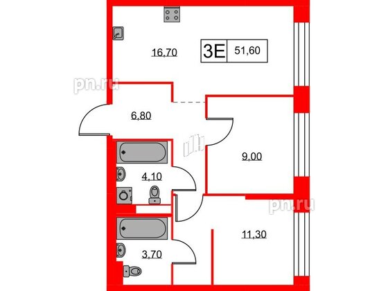 Квартира в ЖК Аэронавт, 2 комнатная, 51.6 м², 2 этаж