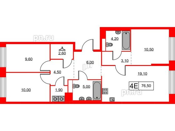 Квартира в ЖК Аэронавт, 3 комнатная, 76.5 м², 4 этаж