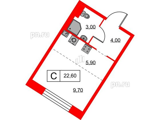 Квартира в ЖК Аэронавт, студия, 22.6 м², 2 этаж